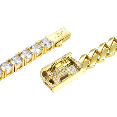 3mm Tennis Bracelet + 8mm Plain Gold Prong Bracelet Gift Set