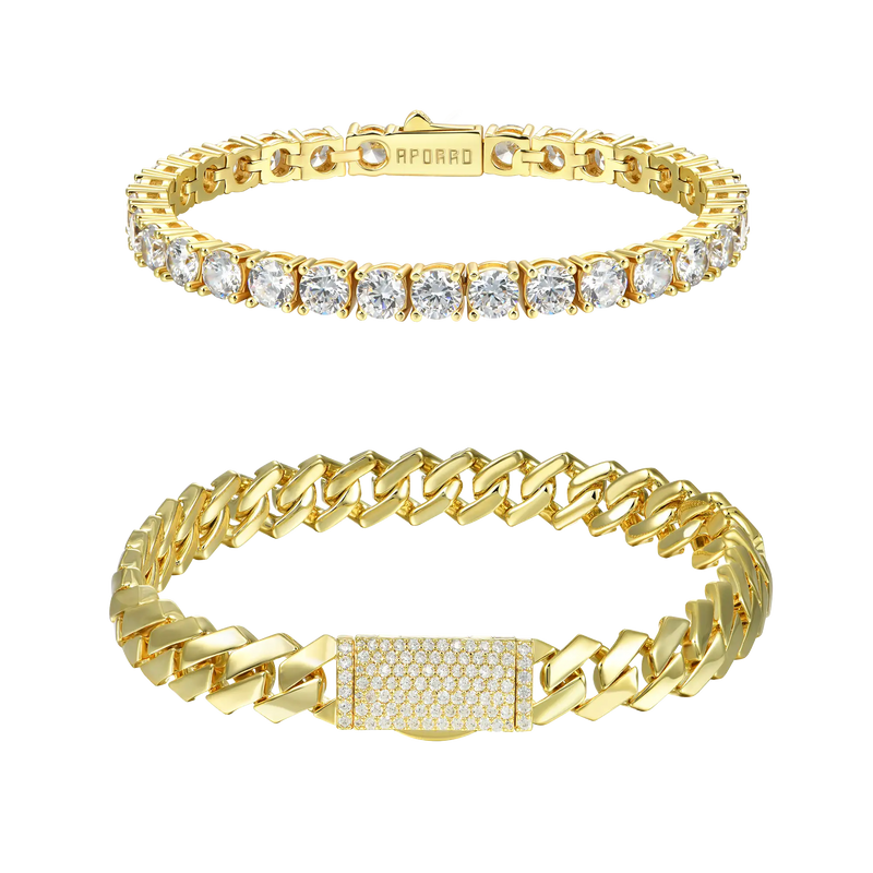 5mm Tennis Bracelet + 10mm Plain Gold Prong Bracelet Bundle - APORRO
