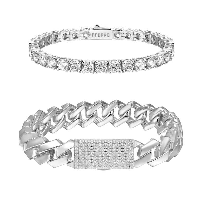 12mm Plain Gold Prong Cuban Link Bracelet + 5mm Tennis Bracelet Bundle - APORRO