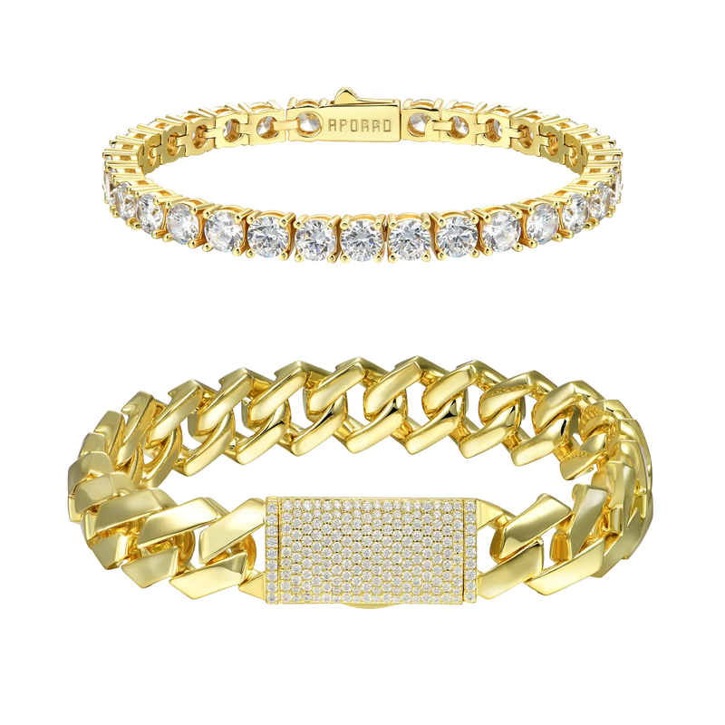 12mm Plain Gold Prong Cuban Link Bracelet + 5mm Tennis Bracelet Bundle - APORRO