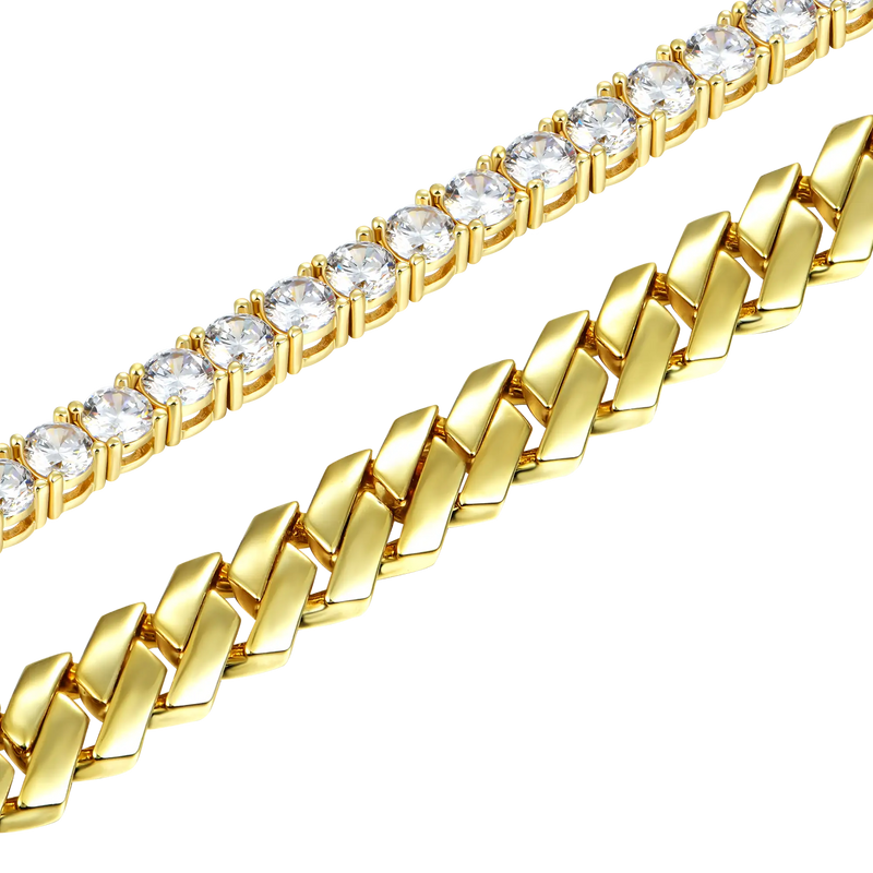 12mm Plain Gold Prong Cuban Link Bracelet + 5mm Tennis Bracelet Bundle - APORRO