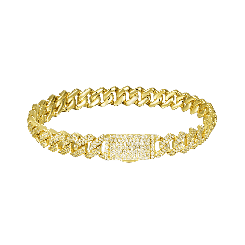 Round Cut Yellow Gold Prong Cuban Link Bracelet - 8mm - APORRO