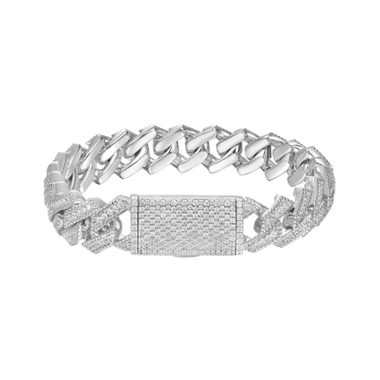 Halo Round Cut Moissanite Prong Cuban Link Bracelet - 12mm
