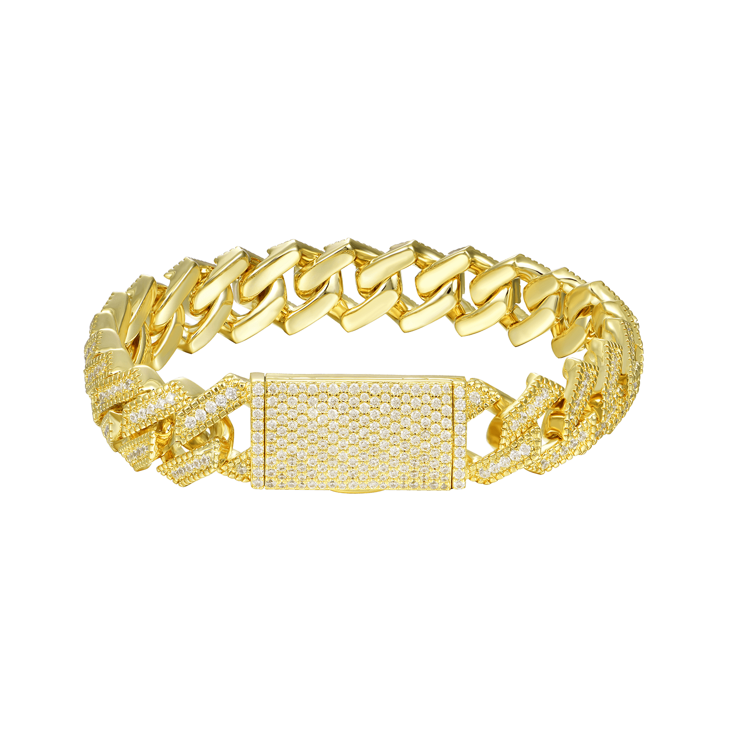 Halo Round Cut Moissanite Prong Cuban Link Bracelet - 12mm