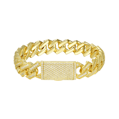 Halo Round Cut Moissanite Prong Cuban Link Bracelet - 12mm