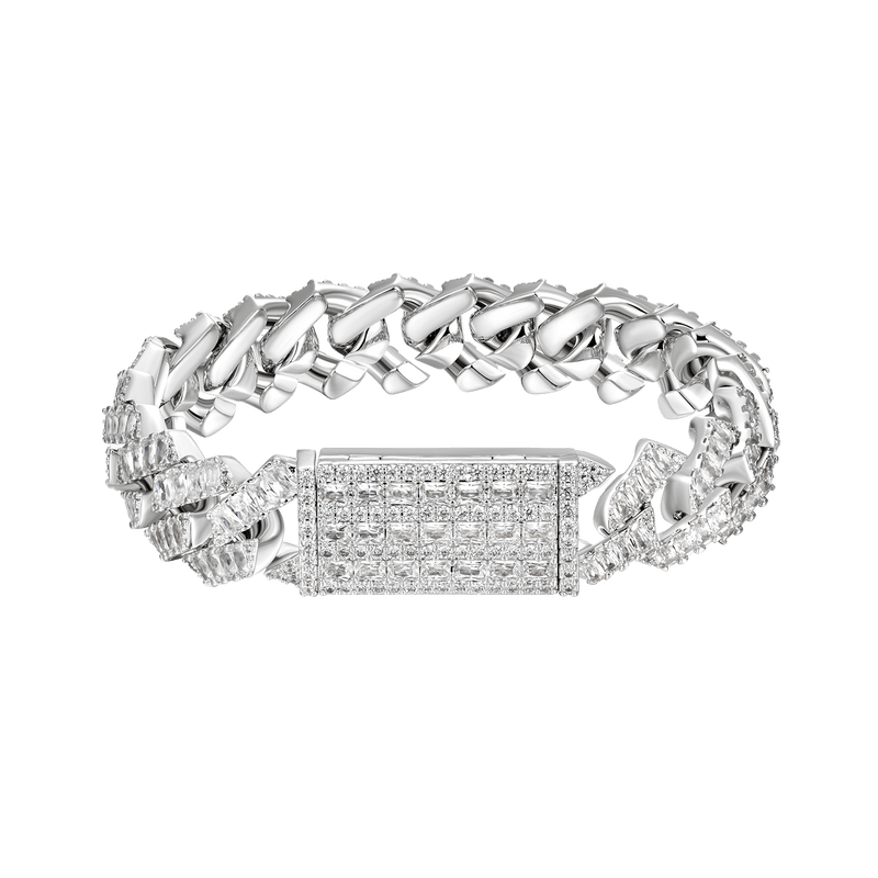 White Gold Emerald Cut Prong Cuban Link Bracelet - 12mm - APORRO