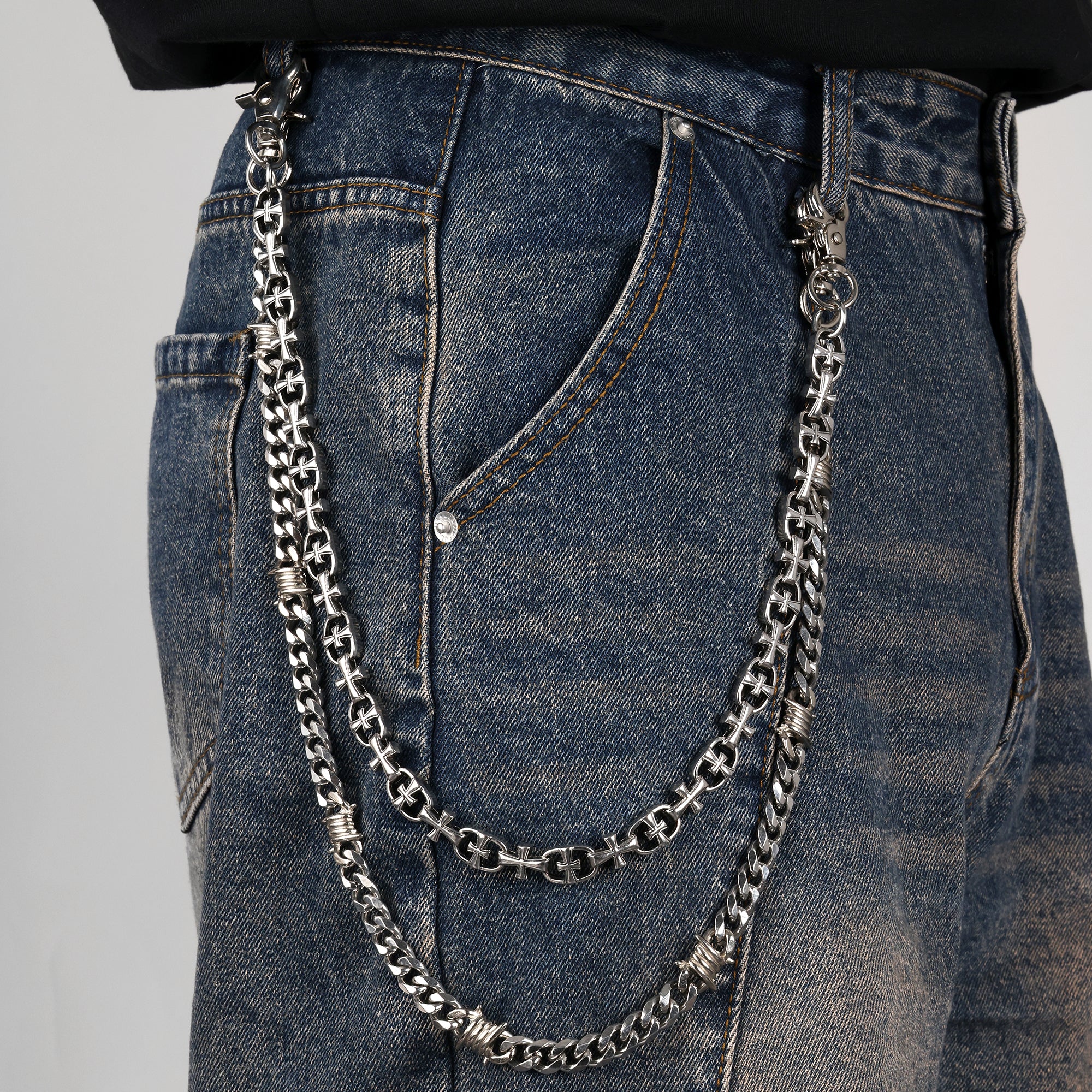 18K White Gold Men's Street Utility Wallet Chain Set - Pants Chain