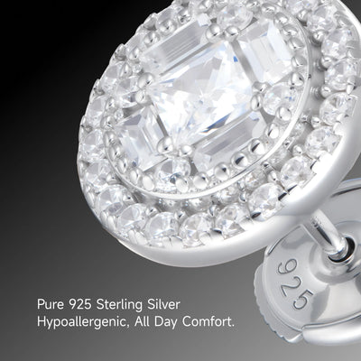Single Baguette Mix Round Cut Halo Stud Earrings