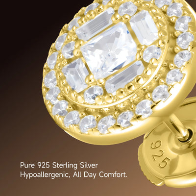 Single Baguette Mix Round Cut Halo Stud Earrings