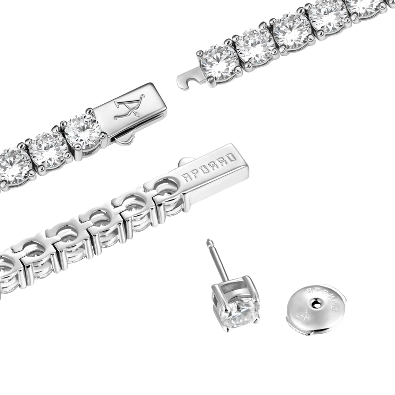 5mm Tennis Chain + 5mm Tennis Bracelet + Moissanite Stud Earring Bundl - APORRO