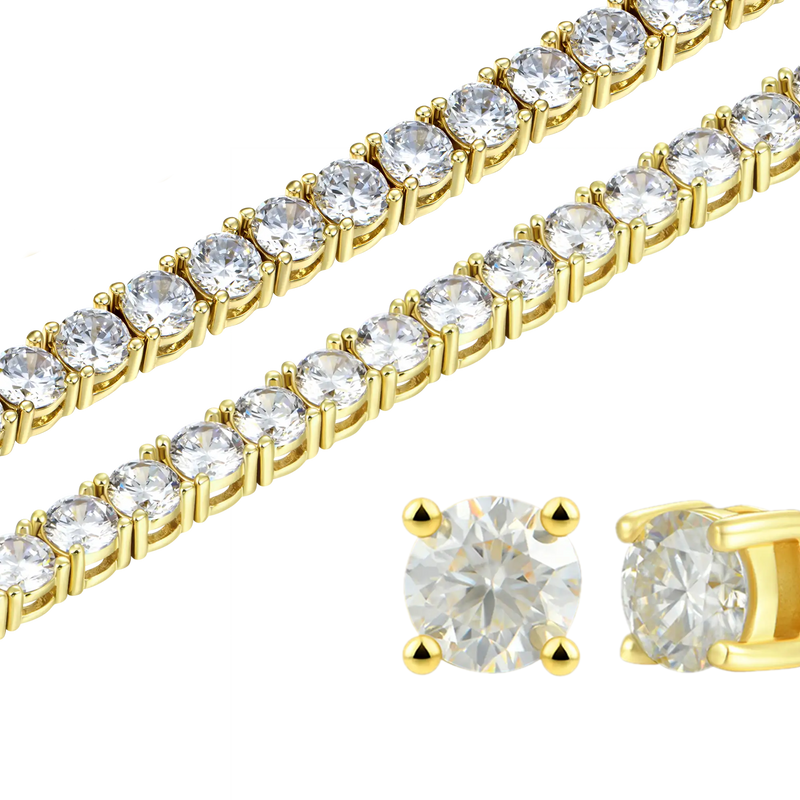 5mm Tennis Chain + 5mm Tennis Bracelet + Moissanite Stud Earring Bundl - APORRO