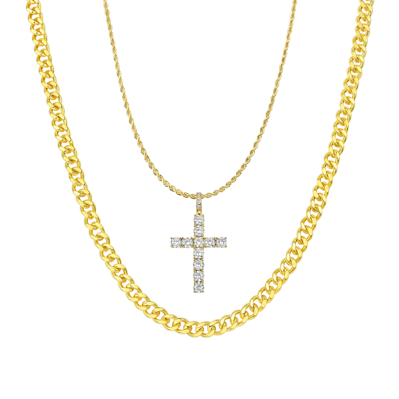 2.5mm Rope Chain + 3.5mm Cuban Link Chain + Cross Pendant Gift Set - APORRO