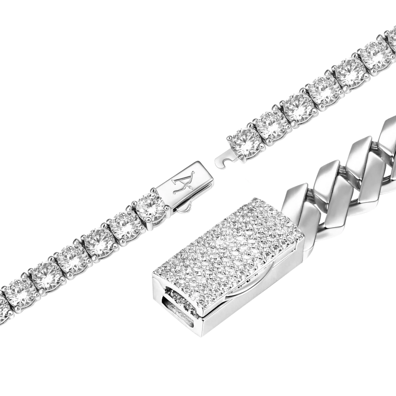 8mm Plain Gold Prong Cuban Chain + 3mm Iced Tennis Chain Bundle - APORRO