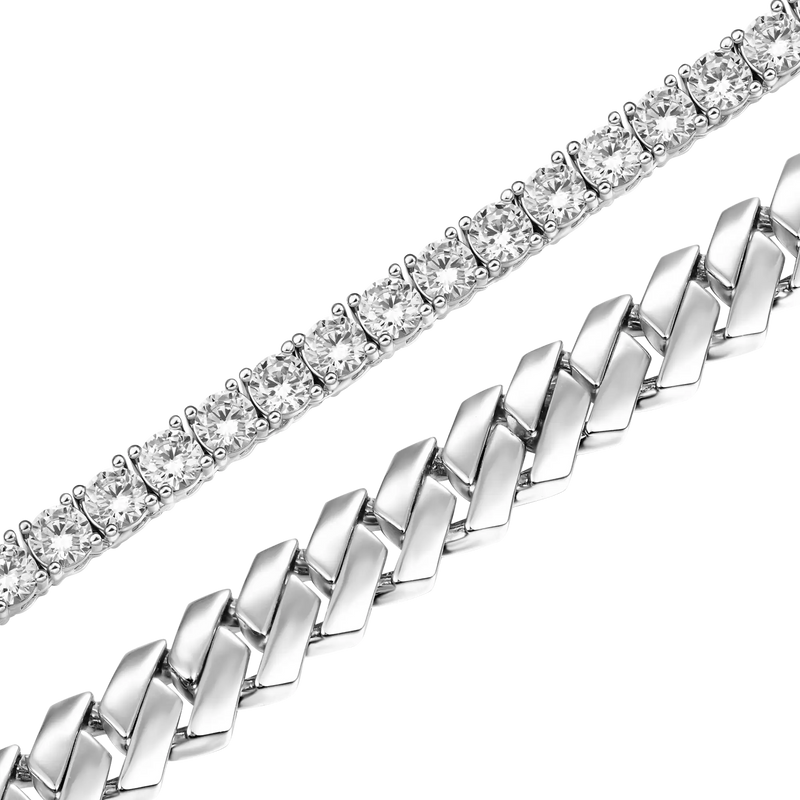 8mm Plain Gold Prong Cuban Chain + 3mm Iced Tennis Chain Bundle - APORRO