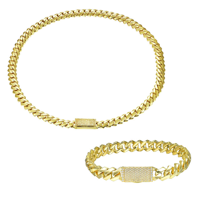 Plain Gold Prong Cuban Chain + Cuban Bracelet Gift Set - APORRO