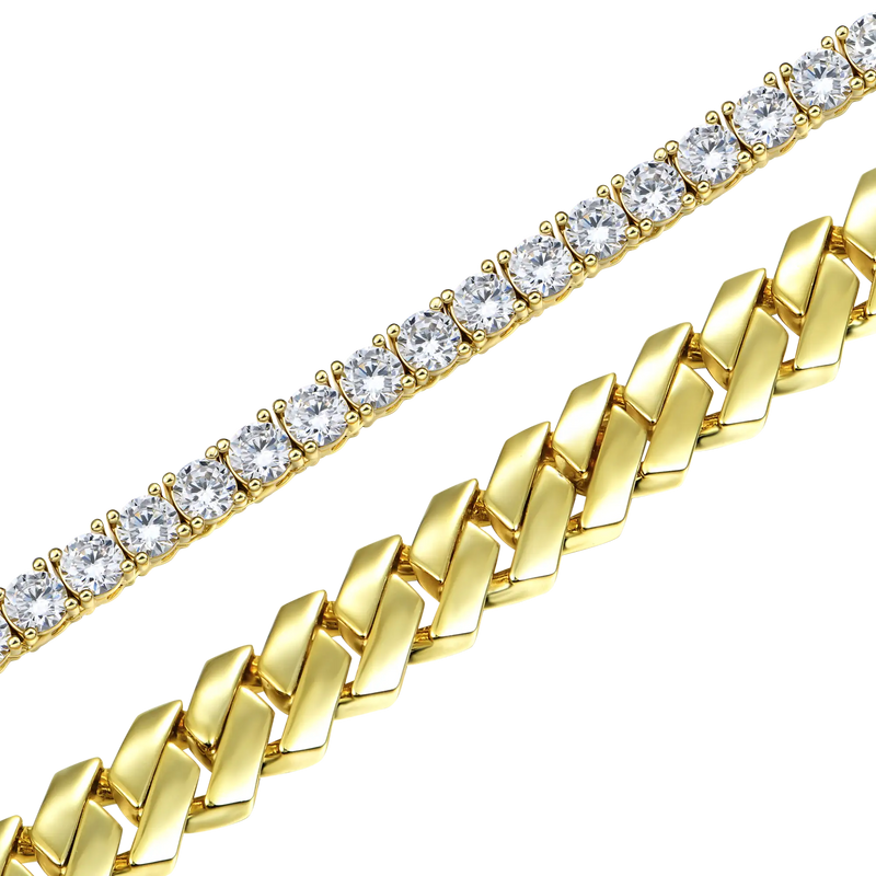 8mm Plain Gold Prong Cuban Chain + 3mm Iced Tennis Chain Bundle - APORRO