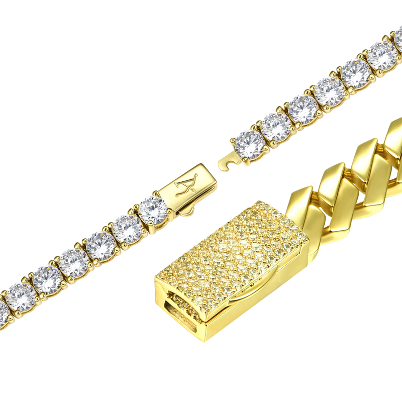 8mm Plain Gold Prong Cuban Chain + 3mm Iced Tennis Chain Bundle - APORRO