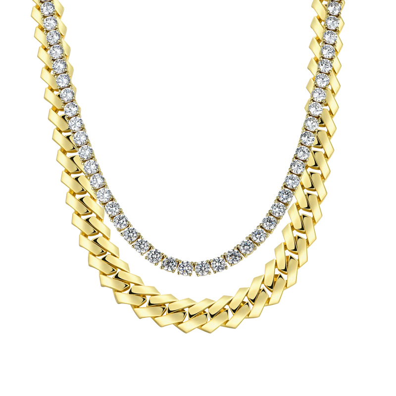 8mm Plain Gold Prong Cuban Chain + 3mm Iced Tennis Chain Bundle - APORRO