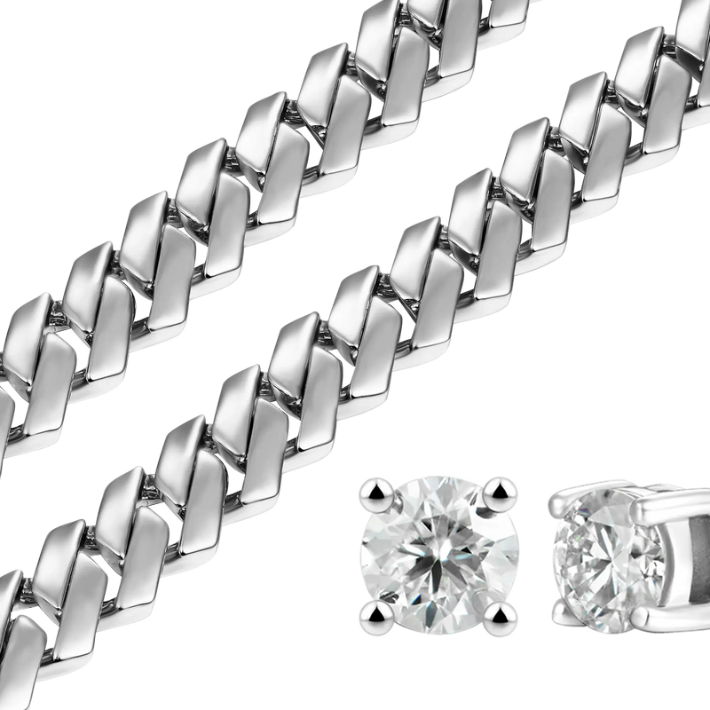 Plain Gold Prong Chain & Bracelet+ Moissanite Stud Earring Bundle - APORRO