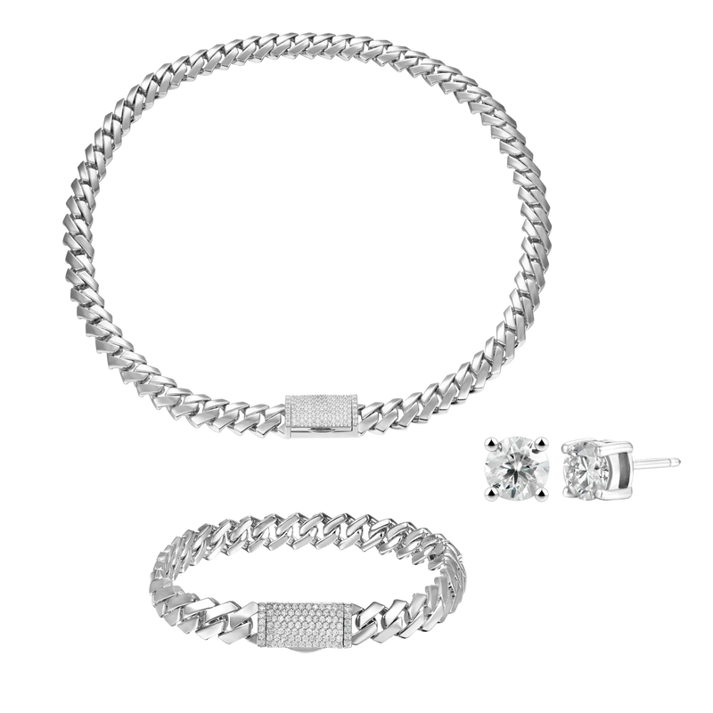 Plain Gold Prong Chain & Bracelet+ Moissanite Stud Earring Gift Set - APORRO