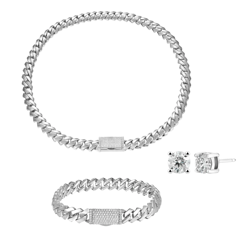 Plain Gold Prong Chain & Bracelet+ Moissanite Stud Earring Bundle - APORRO