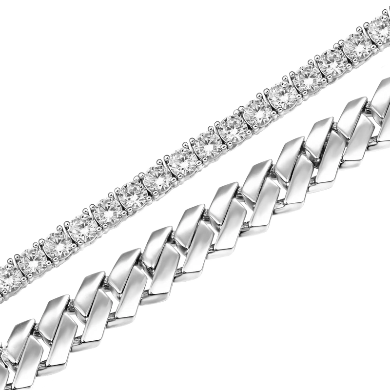 10mm Plain Gold Prong Cuban Chain+3mm Iced Tennis Chain Bundle - APORRO