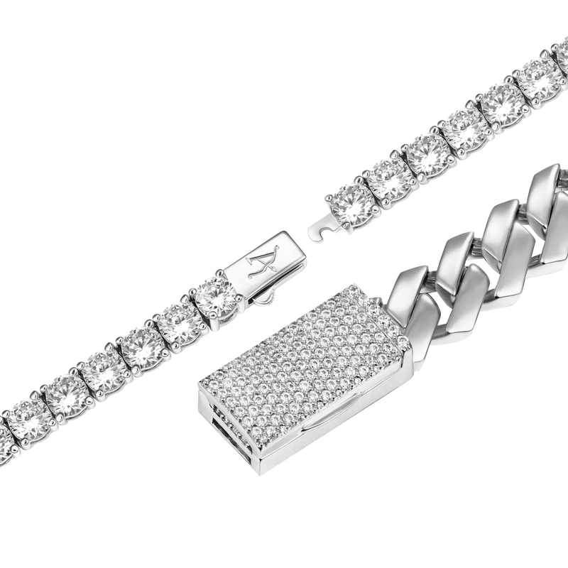 10mm Plain Gold Prong Cuban Chain+3mm Iced Tennis Chain Bundle - APORRO