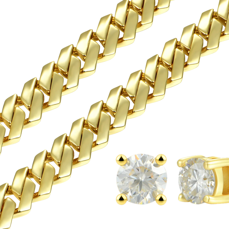 Plain Gold Prong Chain & Bracelet+ Moissanite Stud Earring Bundle - APORRO