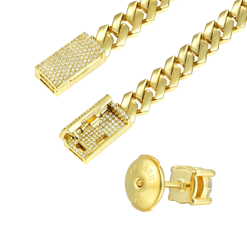 Plain Gold Prong Chain & Bracelet+ Moissanite Stud Earring Bundle - APORRO