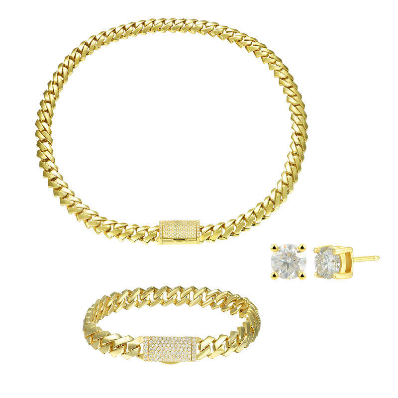 Plain Gold Prong Chain & Bracelet+ Moissanite Stud Earring Bundle - APORRO