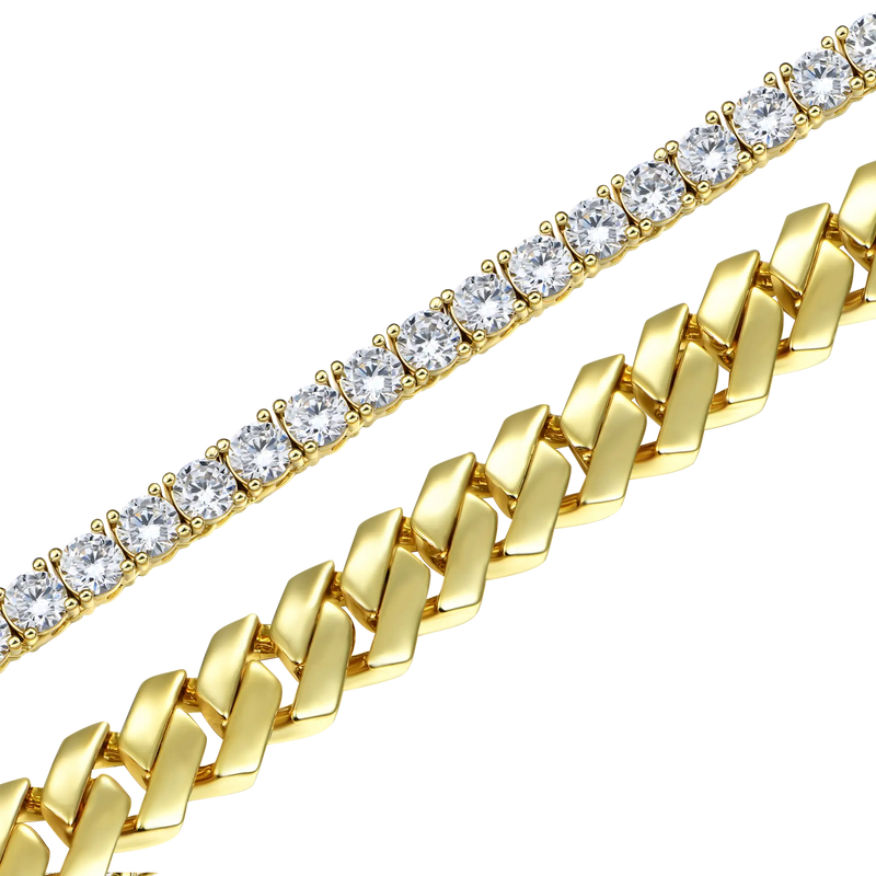 10mm Plain Gold Prong Cuban Chain+3mm Iced Tennis Chain Bundle - APORRO