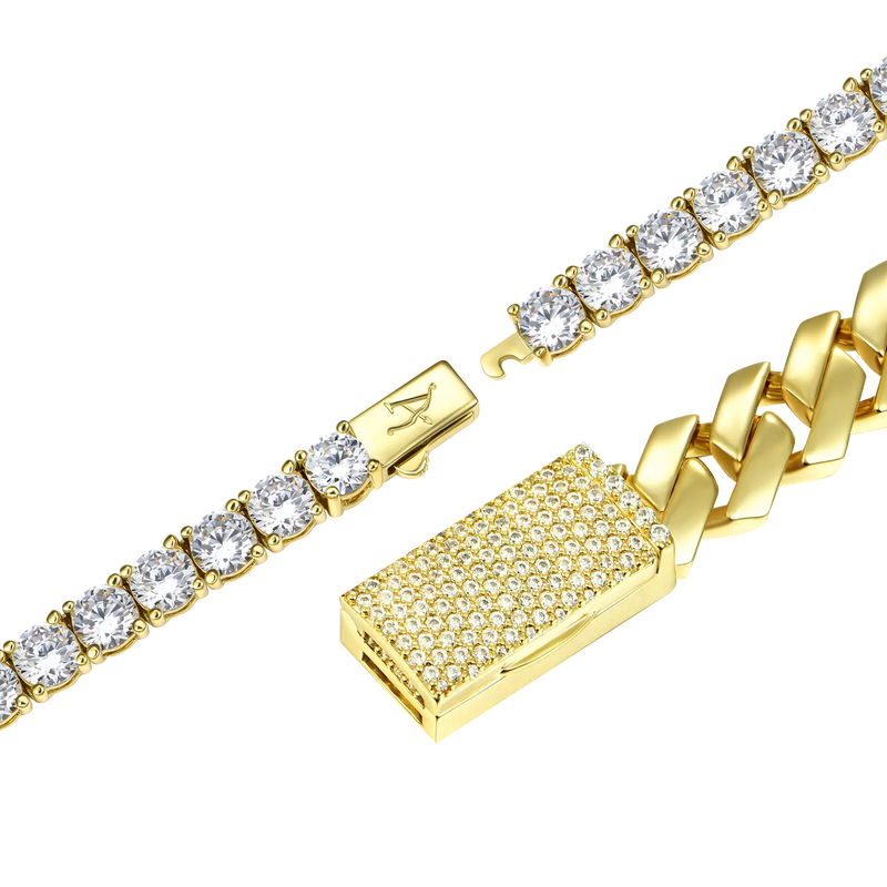 10mm Plain Gold Prong Cuban Chain+3mm Iced Tennis Chain Bundle - APORRO