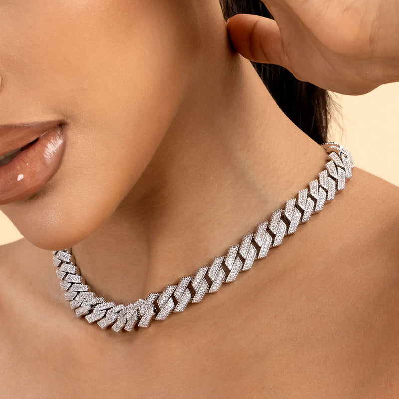 12mm Silver & Moissanite Prong Cuban Choker Chain - Hip-pop Jewelry - APORRO