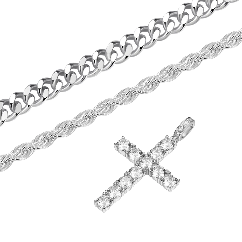 2.5mm Rope Chain + 5mm Cuban Link Chain + Cross Pendant Bundle - APORRO