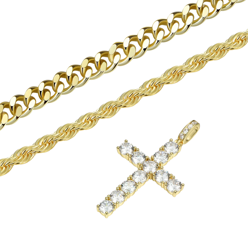2.5mm Rope Chain + 5mm Cuban Link Chain + Cross Pendant Bundle - APORRO