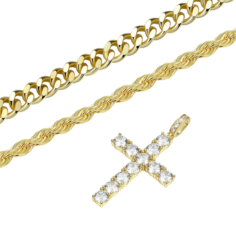 2.5mm Rope Chain + 3.5mm Cuban Link Chain + Cross Pendant Bundle - APORRO