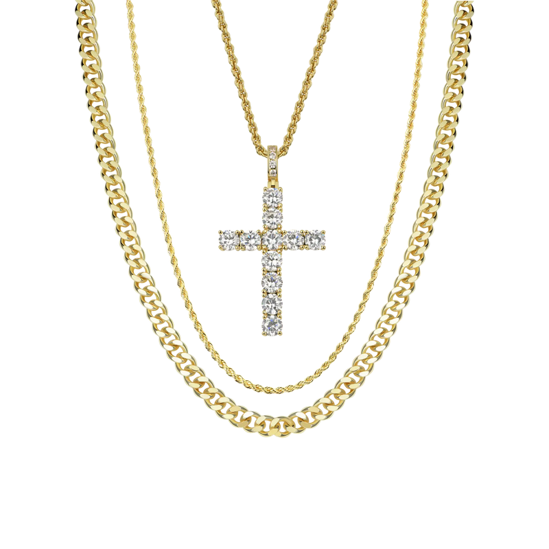2.5mm Rope Chain + 5mm Cuban Link Chain + Cross Pendant Bundle - APORRO