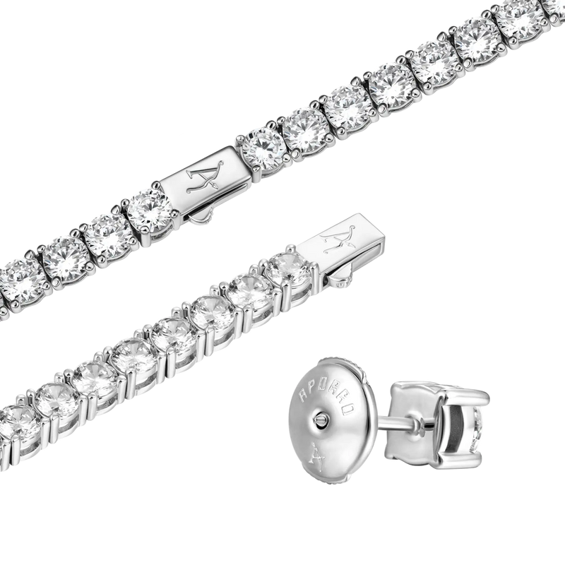 3mm Iced Tennis Chain + 3mm Iced Tennis Bracelet + Moissanite Stud Ear - APORRO