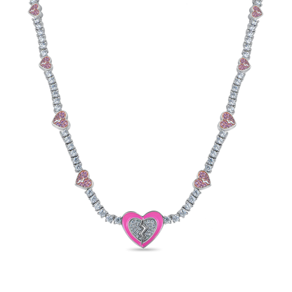 Pink Broken Heart Tennis Necklace - 3mm