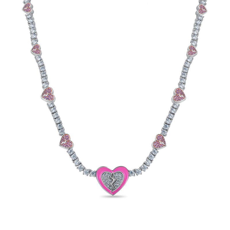 Pink Broken Heart Tennis Necklace - 3mm - APORRO