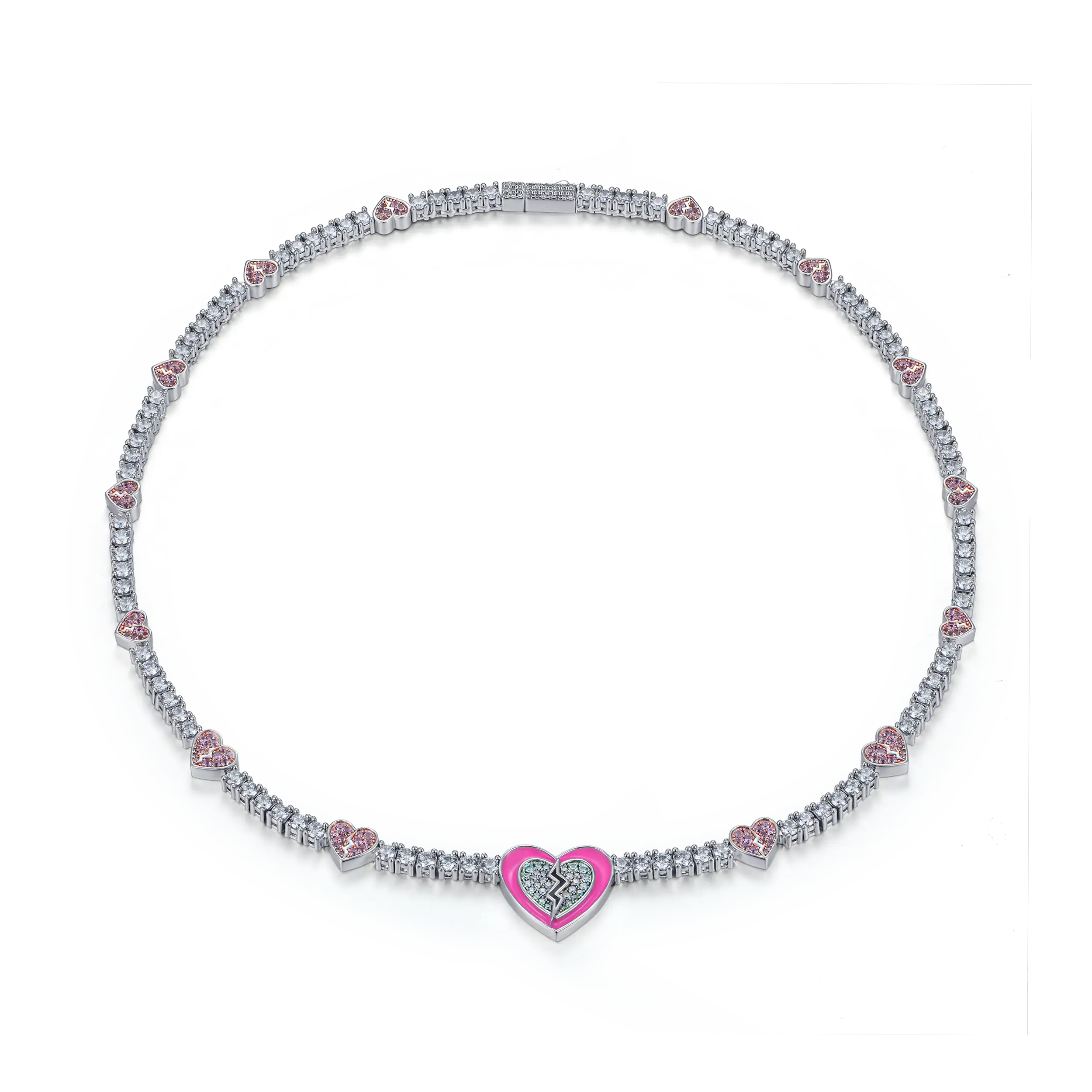 Pink Broken Heart Tennis Necklace - 3mm