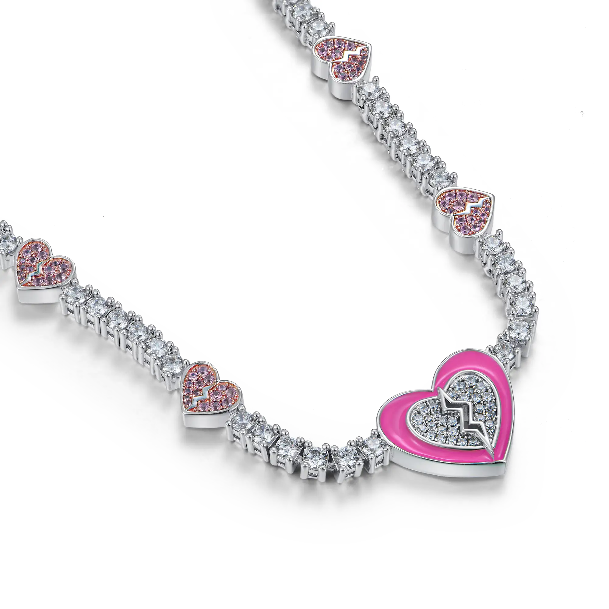 Pink Broken Heart Tennis Necklace - 3mm