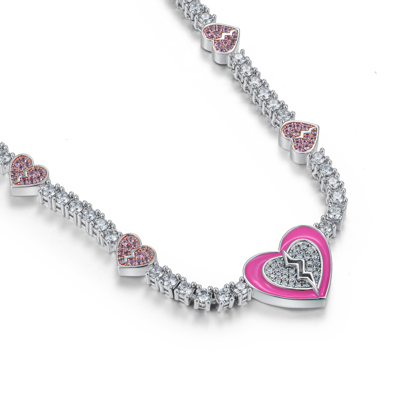 Pink Broken Heart Tennis Necklace - 3mm - APORRO