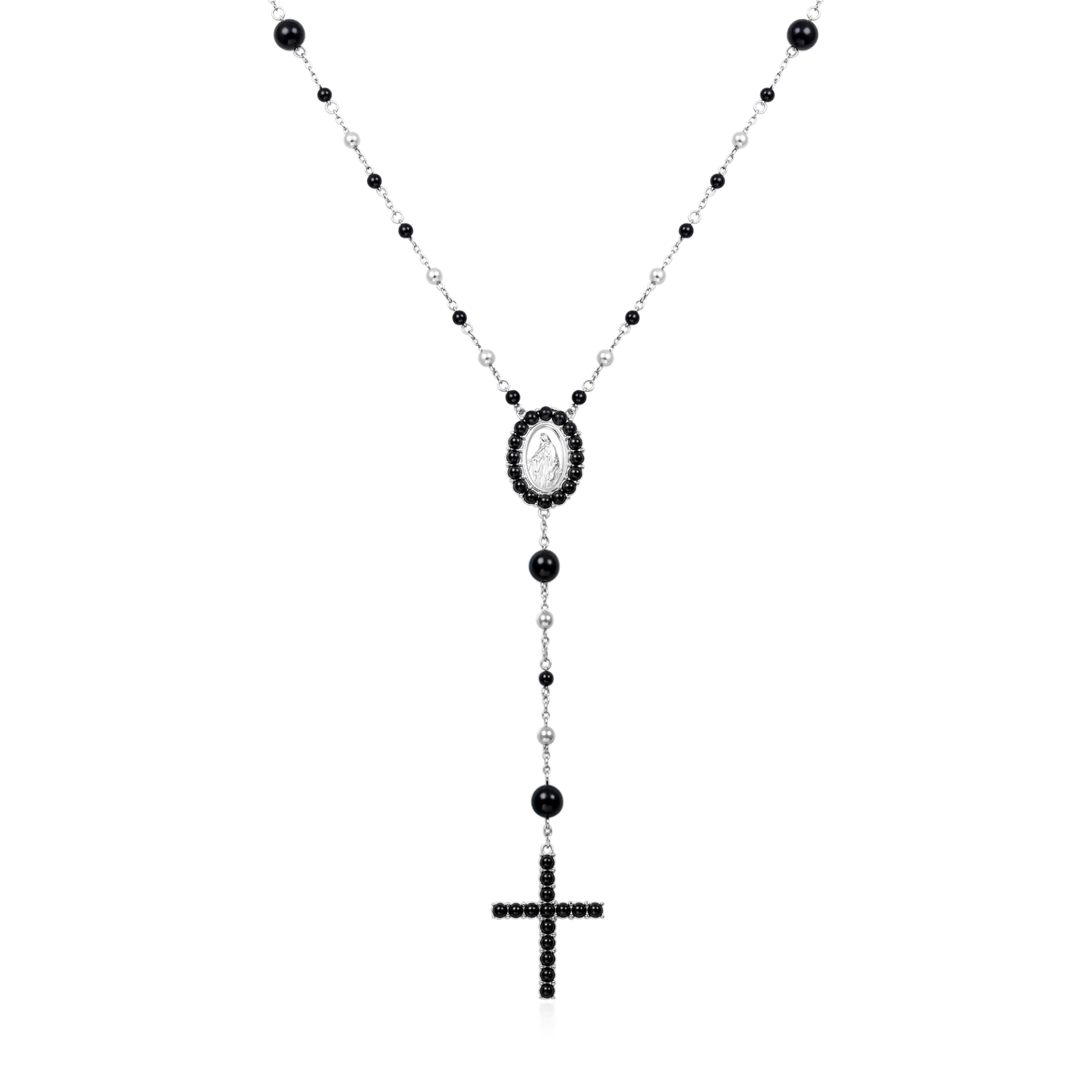 Midnight Pearl Rosary Necklace 6mm 22in 14K Gold Plated Pavé