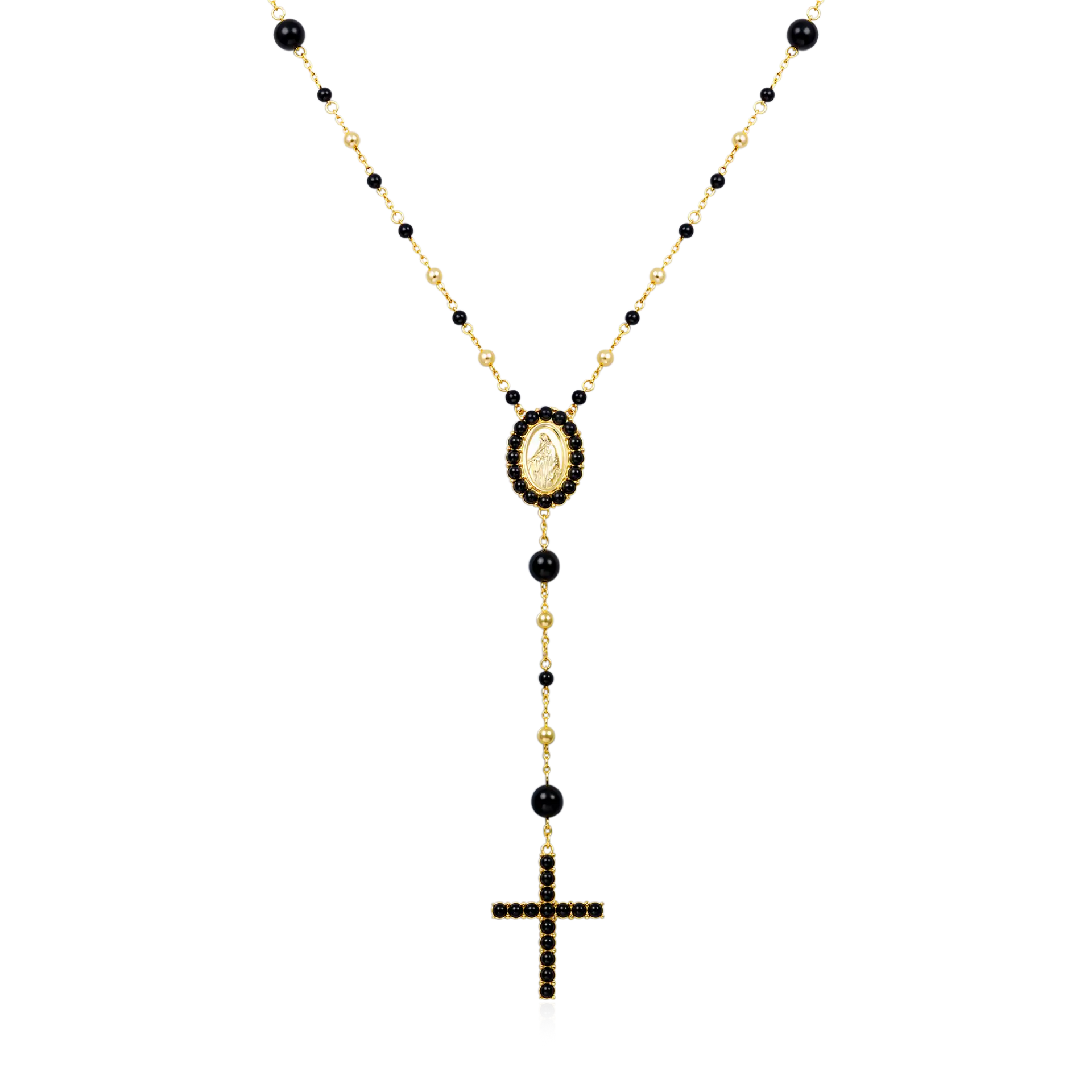 Midnight Pearl Rosary Necklace 6mm 22in 14K Gold Plated Pavé