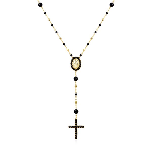 Midnight Pearl Rosary Necklace 6mm 22in 14K Gold Plated Pavé