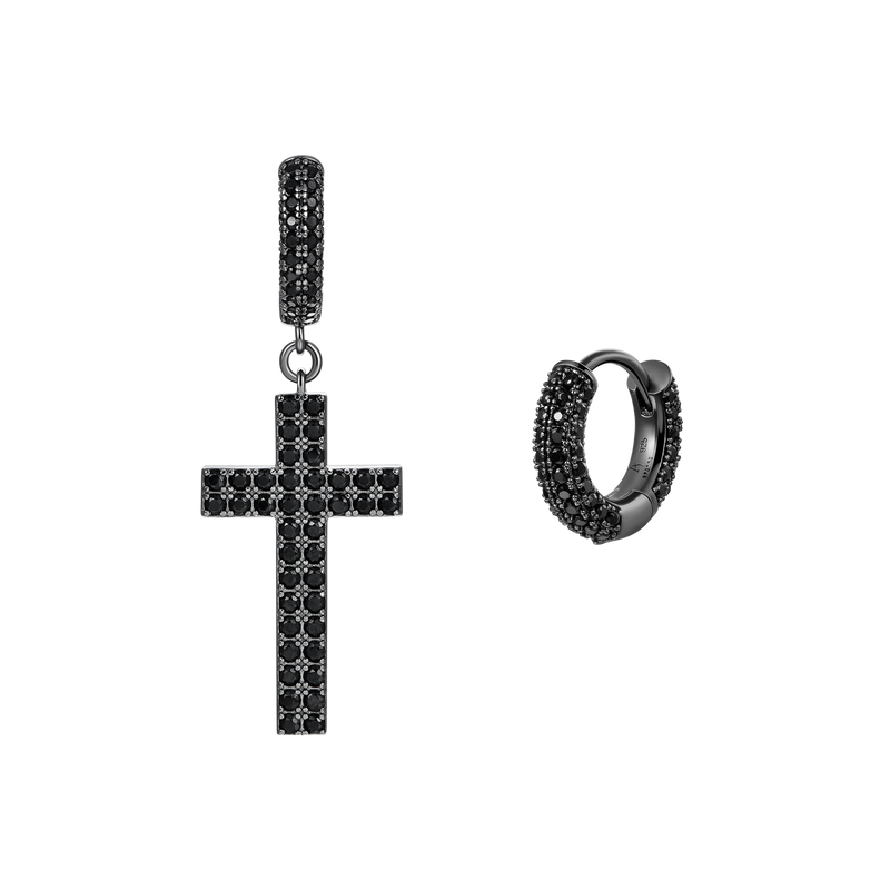 Black Asymmetric Cross & Hoop Earrings - Dangly Cross Earring - APORRO