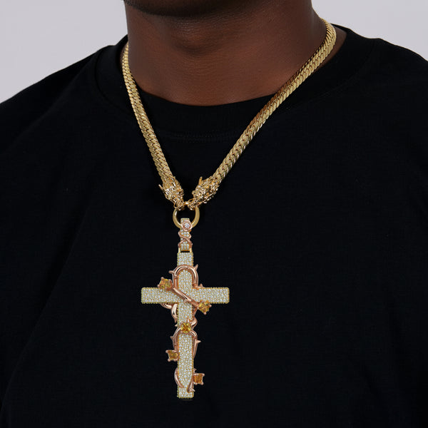 14K Gold Men's Thorned Cross Dragon Chain & Pendant Set – APORRO