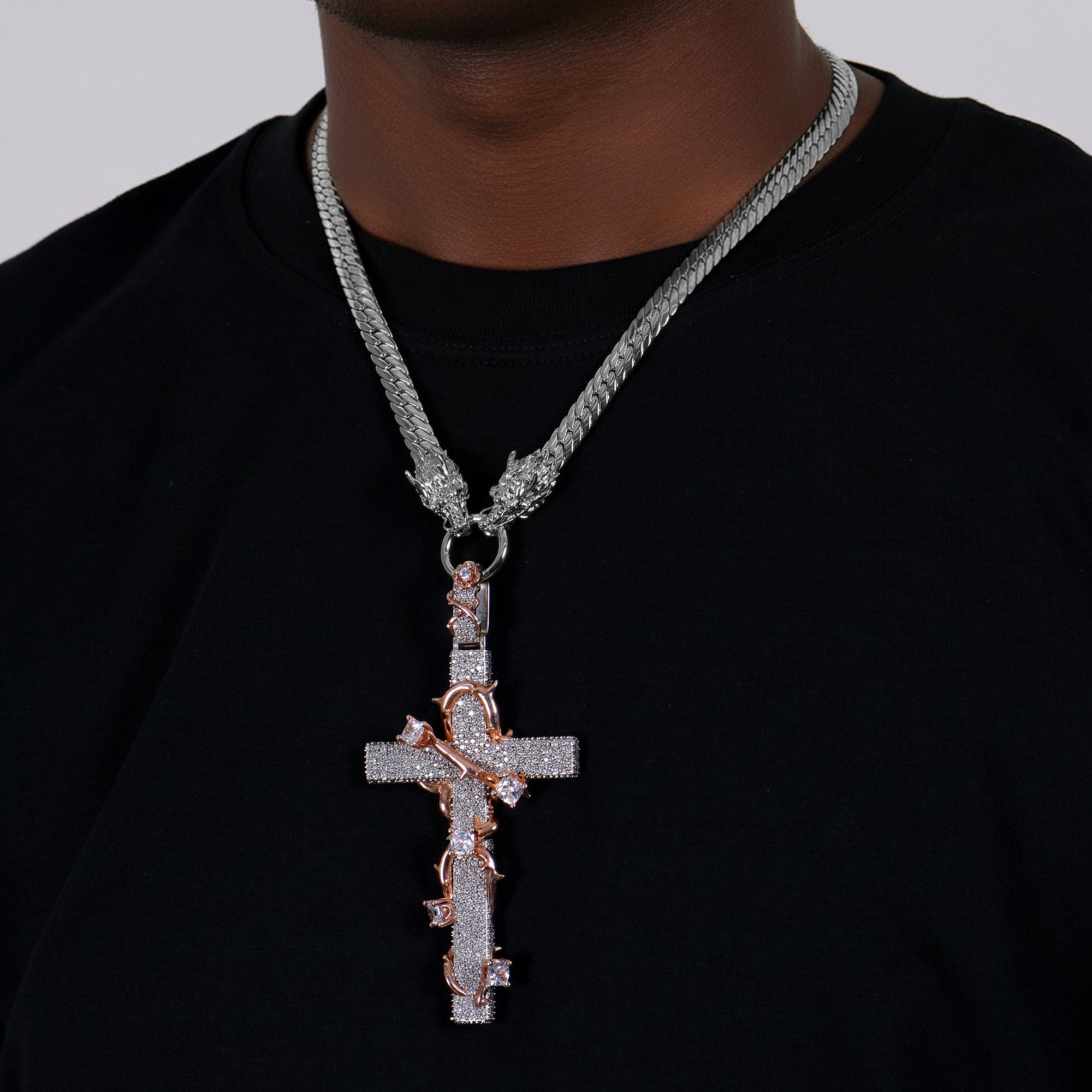 14K Gold Men's Thorned Cross Dragon Chain & Pendant Set – APORRO