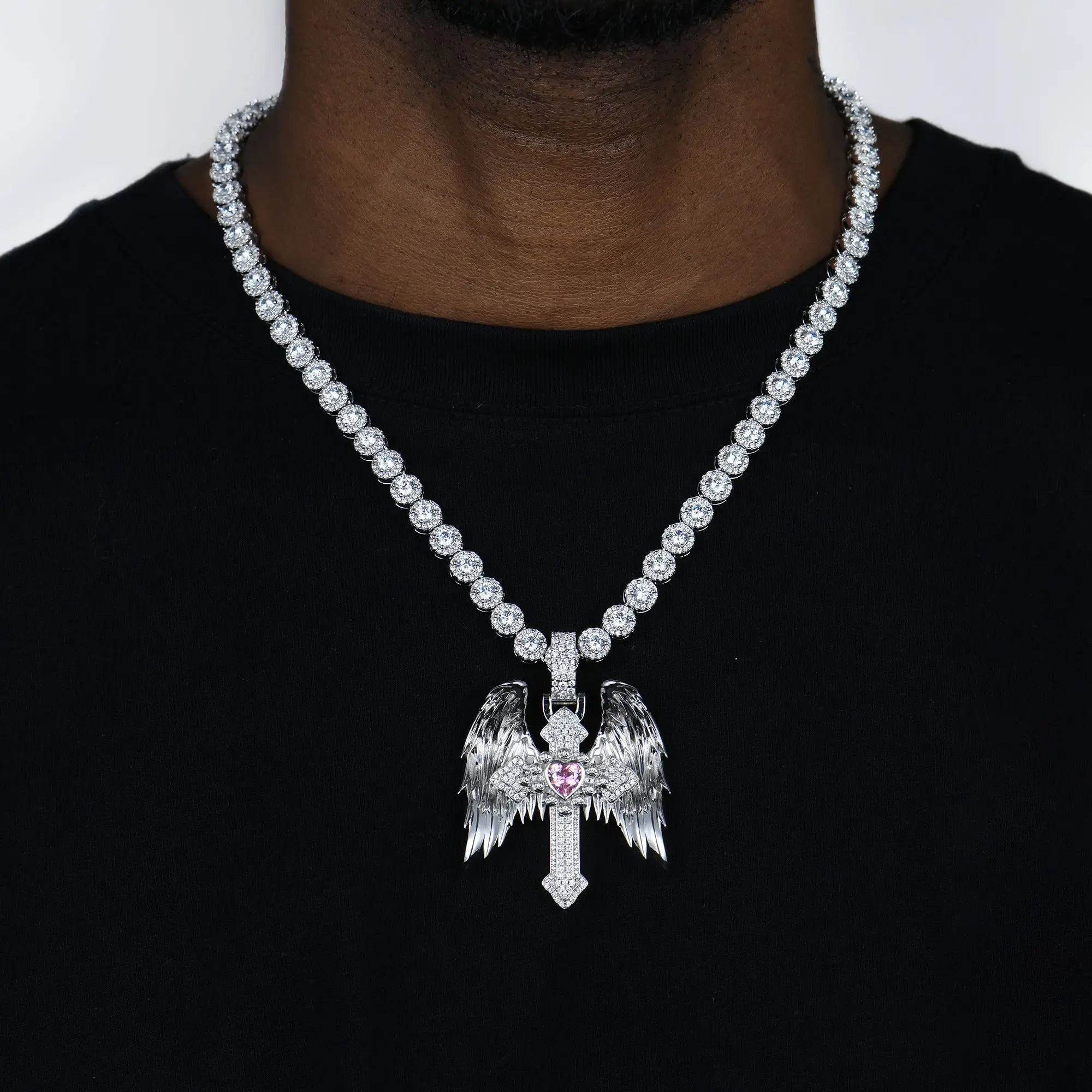 Moissanite Guardian Wings Cross Pendant - Medium